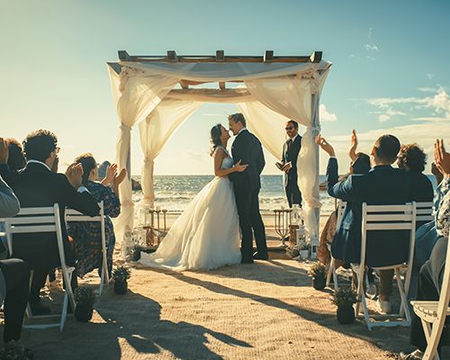 A bride and groom embrace at a beach wedding ceremony